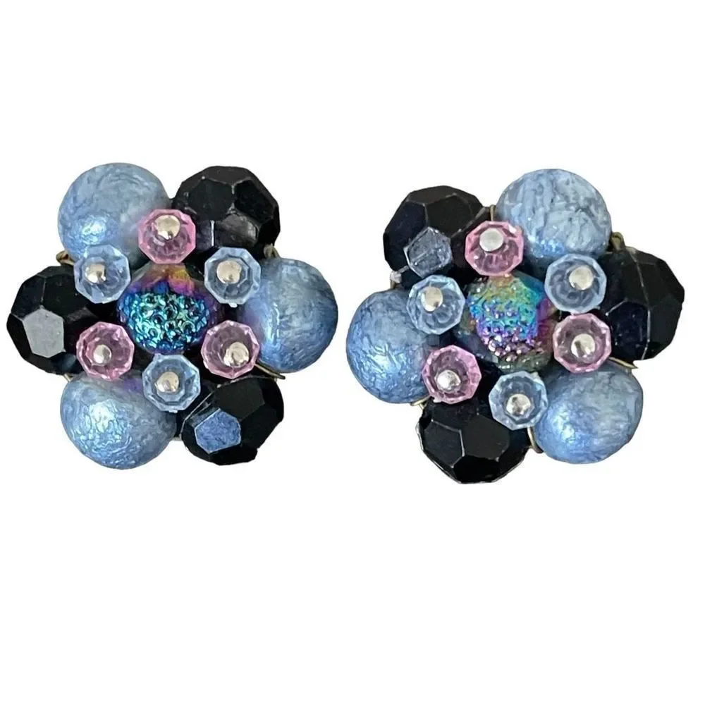 Western Germany Vintage Estate Signed Blue Black Pink Beaded Clip On Earrings